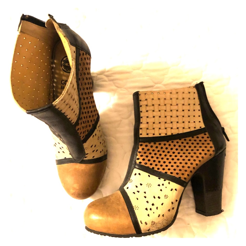 Funky leather color block heeled boots